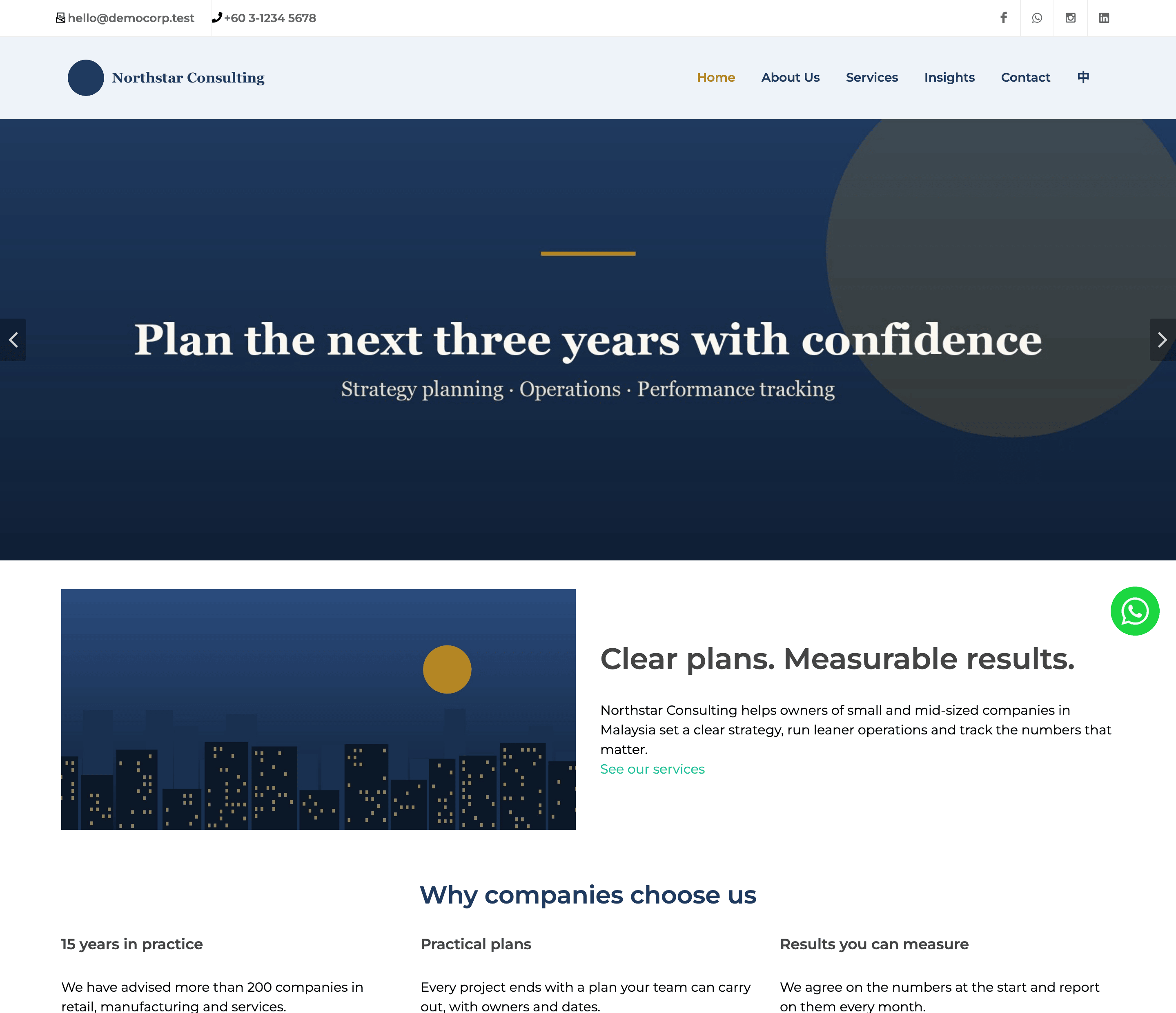 Home page of the demo website with a picture and text, three short columns and a team picture