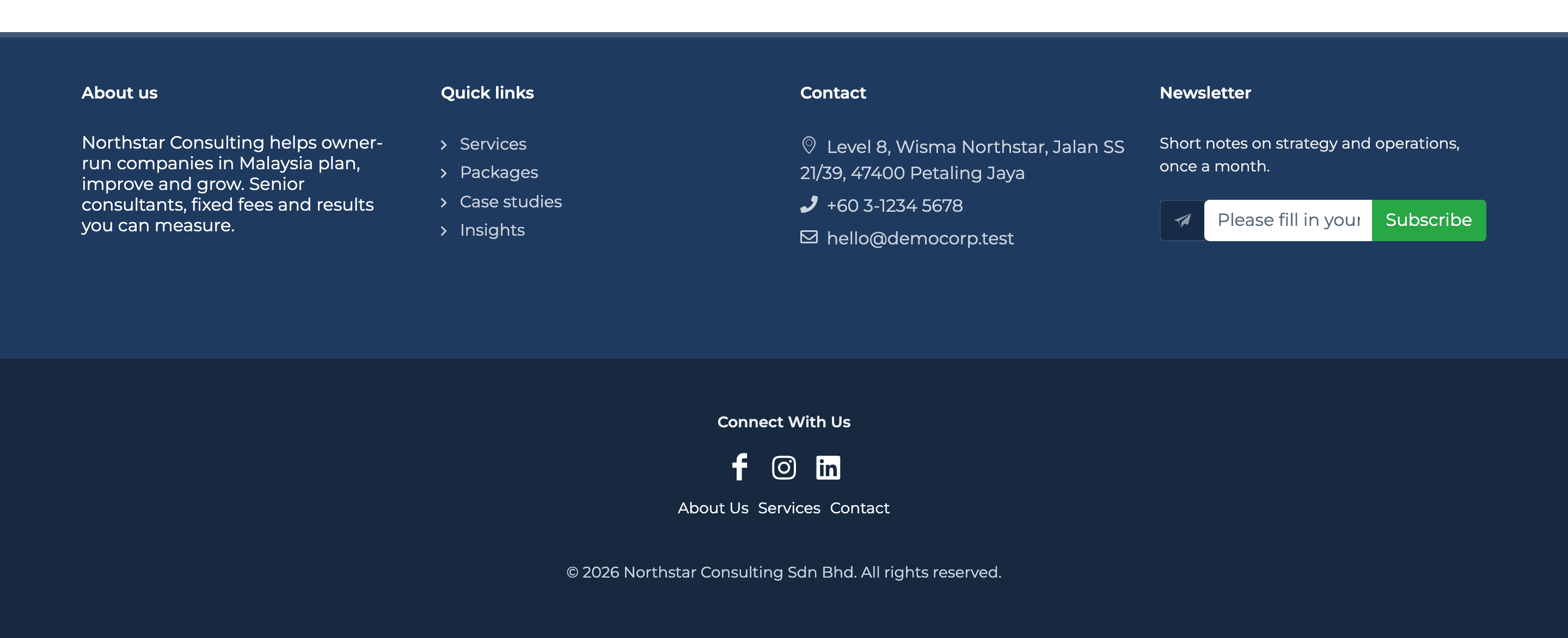 Footer of the demo website: four columns About us, Quick links, Contact and Newsletter above the copyright bar