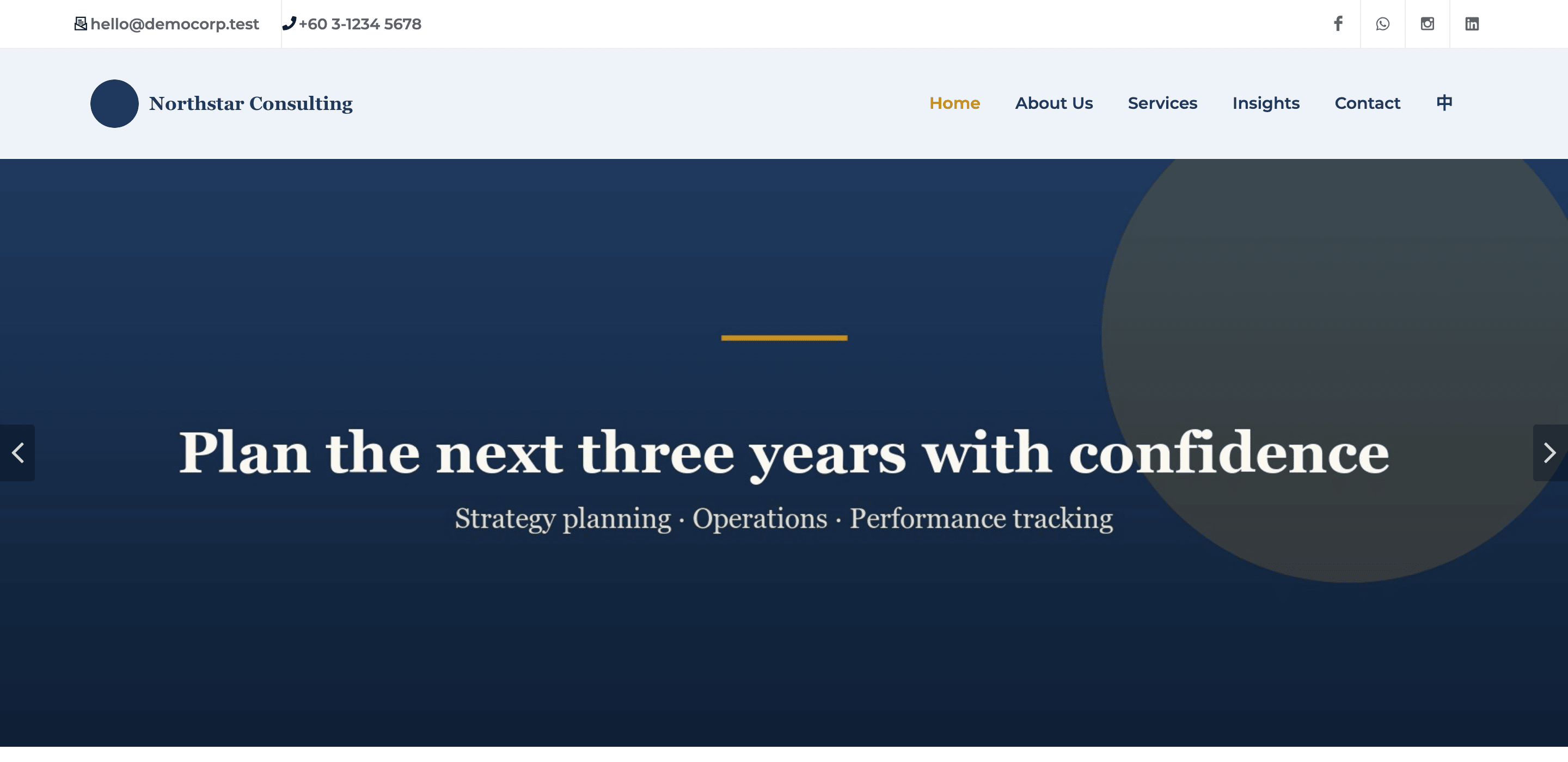 Top of the demo website's home page with a full-width banner and the arrows of the slider