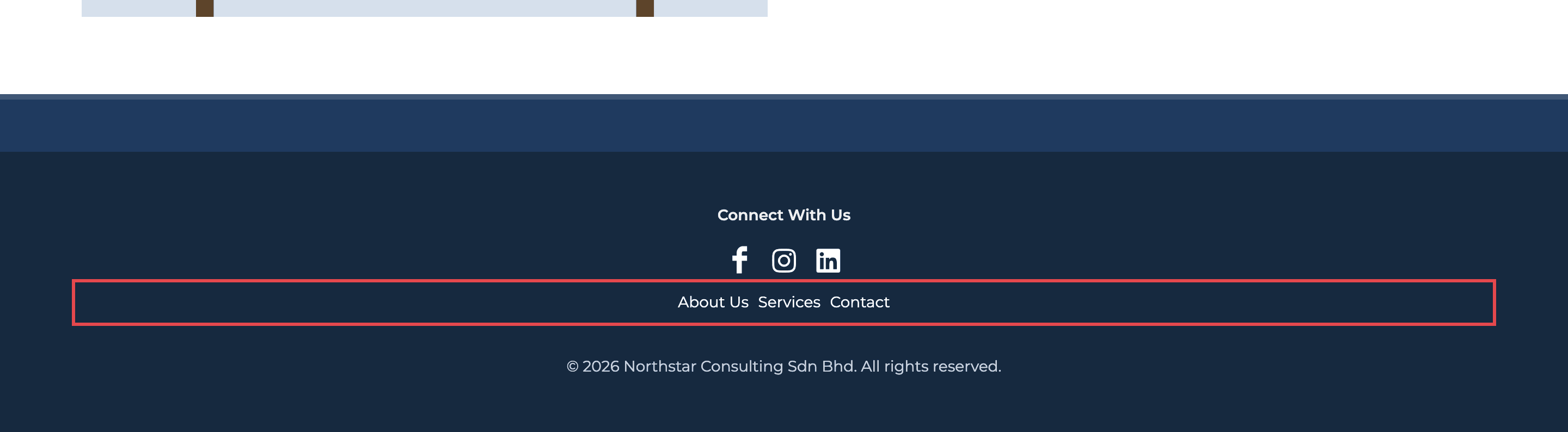 Copyright bar of the demo website with the About Us, Services and Contact quick links outlined