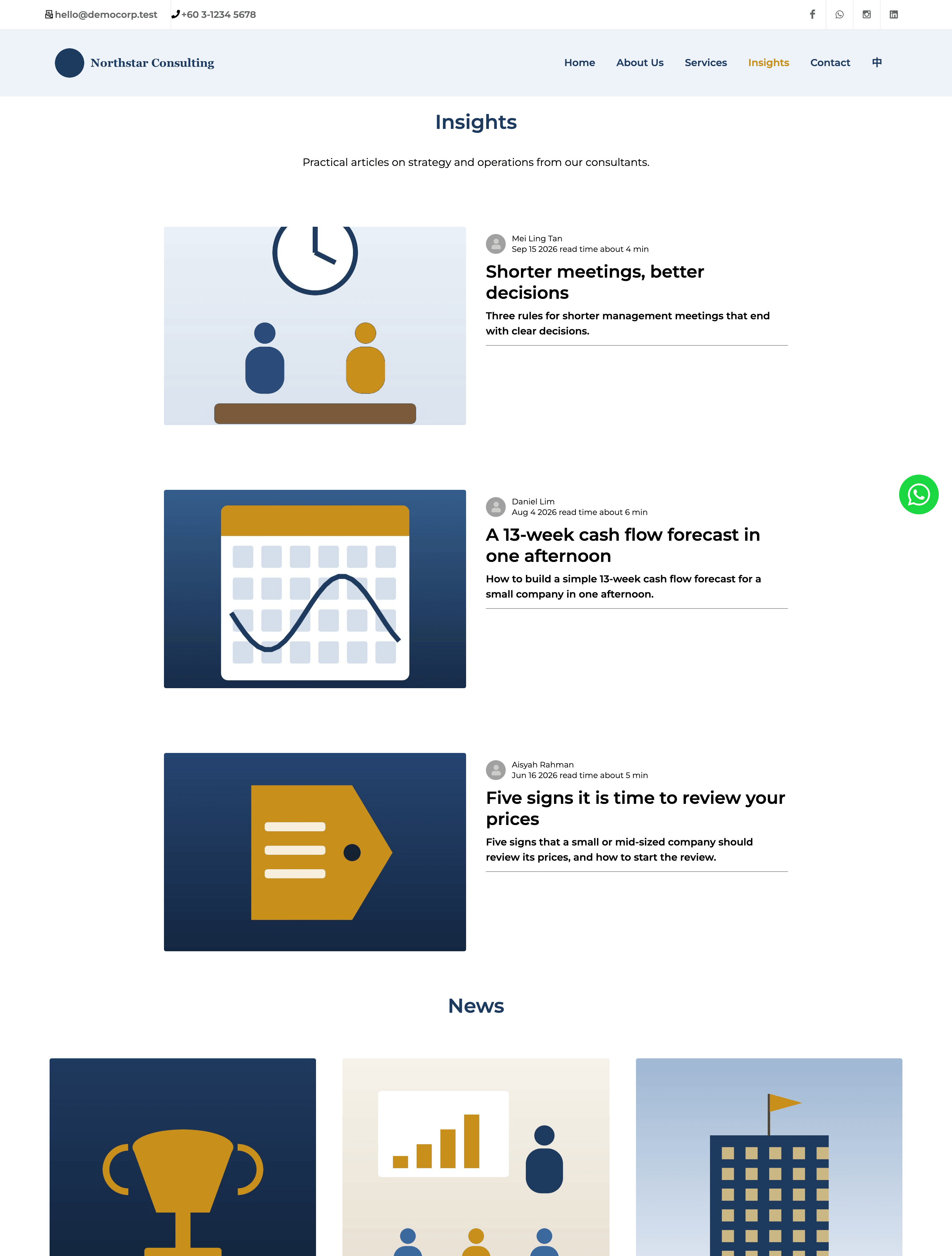 The Insights page of the demo website: a heading and a list of blog posts, each with a picture, author, date, title and summary