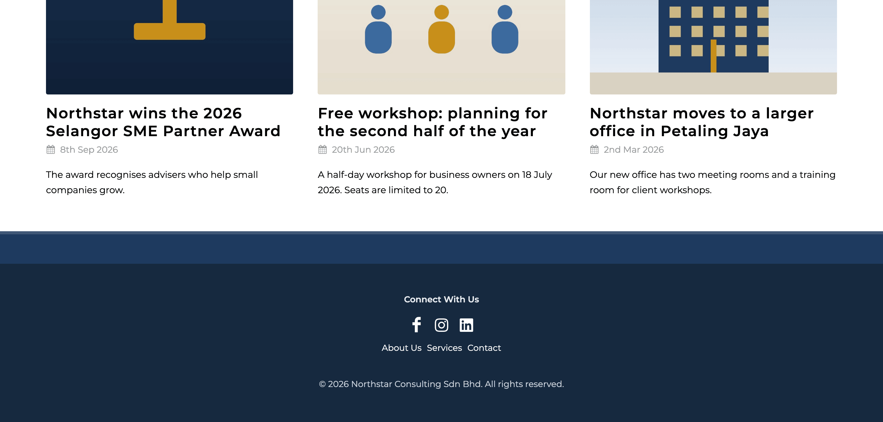 The news part of the Insights page on the demo website: three news items with picture, title, date and summary