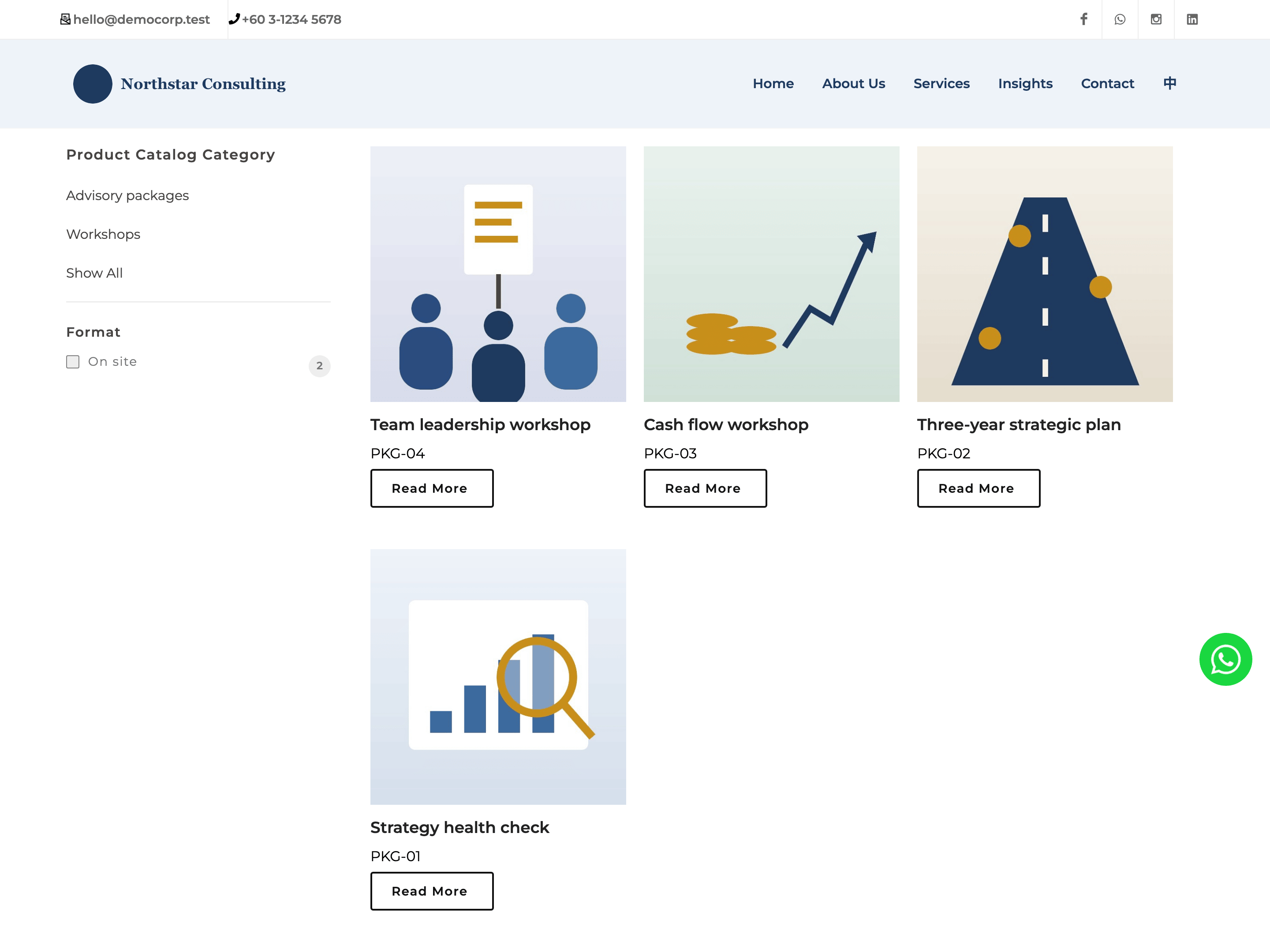 The demo Packages page with the category list on the left and four packages as cards