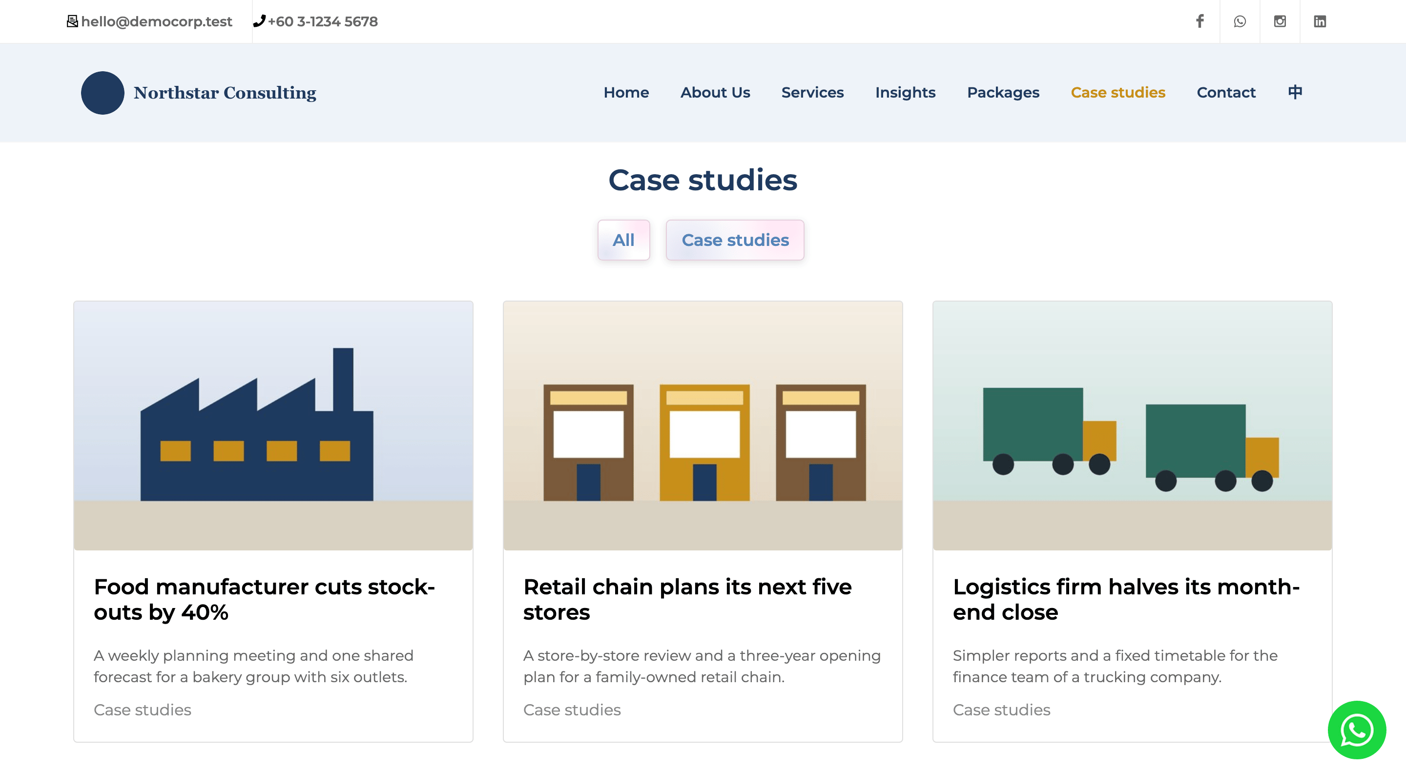 The demo Case studies page with three case-study cards