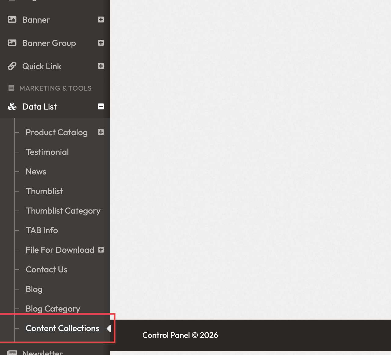 Left menu with Data List opened and Content Collections outlined