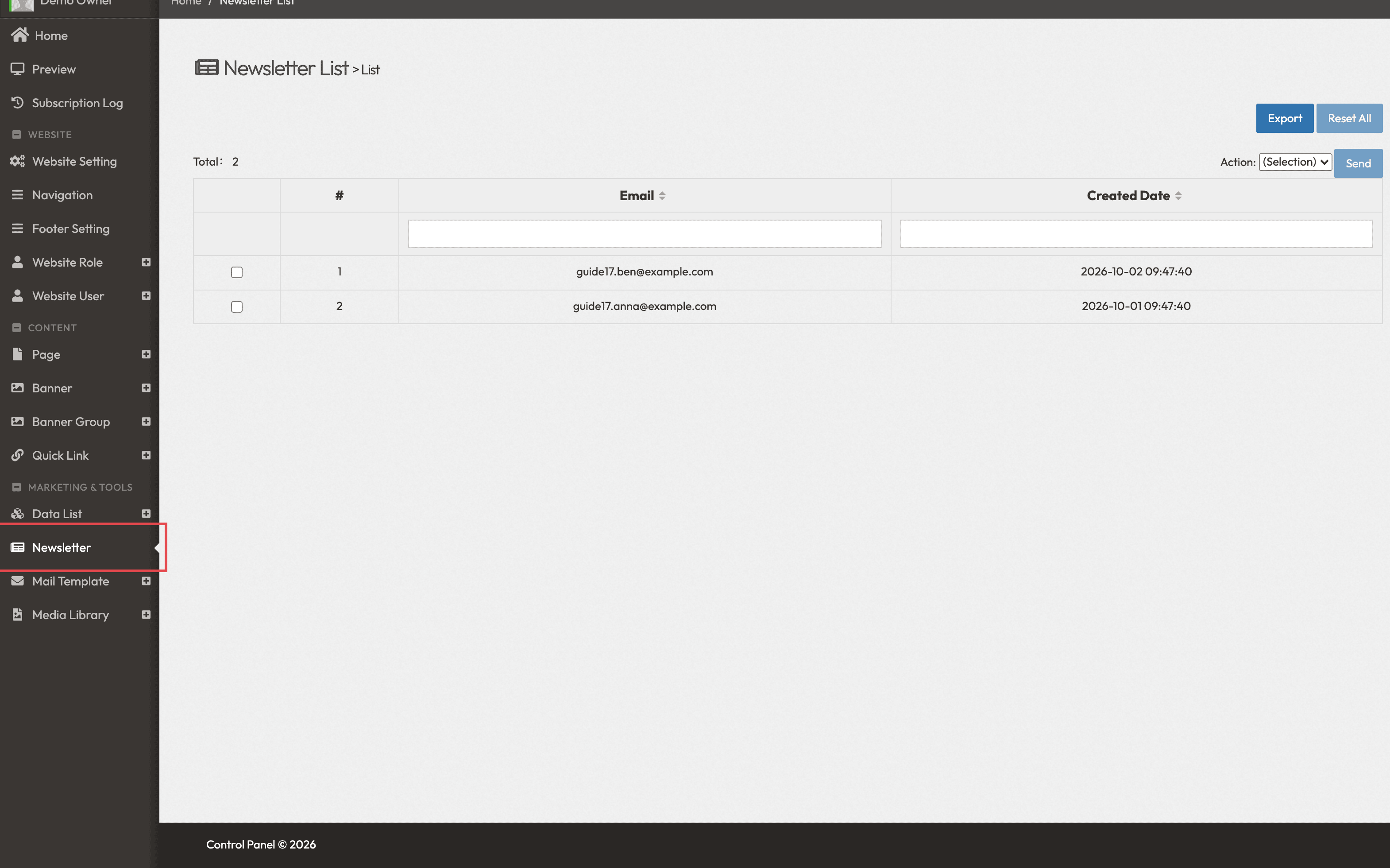 Newsletter list with two subscribers and Newsletter outlined in the left menu