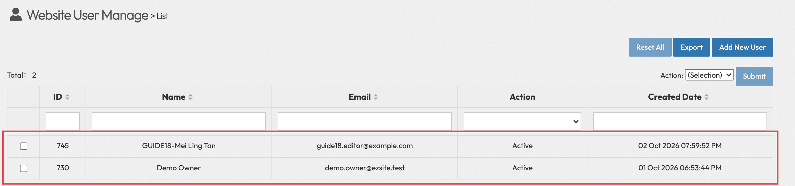 Website User list with the owner and a staff member