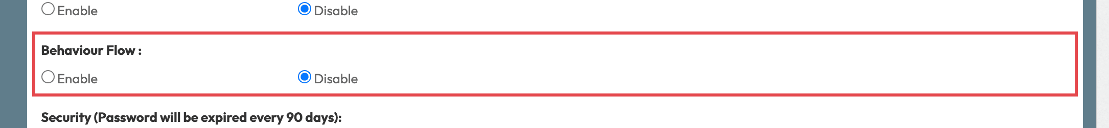 Behaviour Flow switch in Function Setting with Enable and Disable, outlined