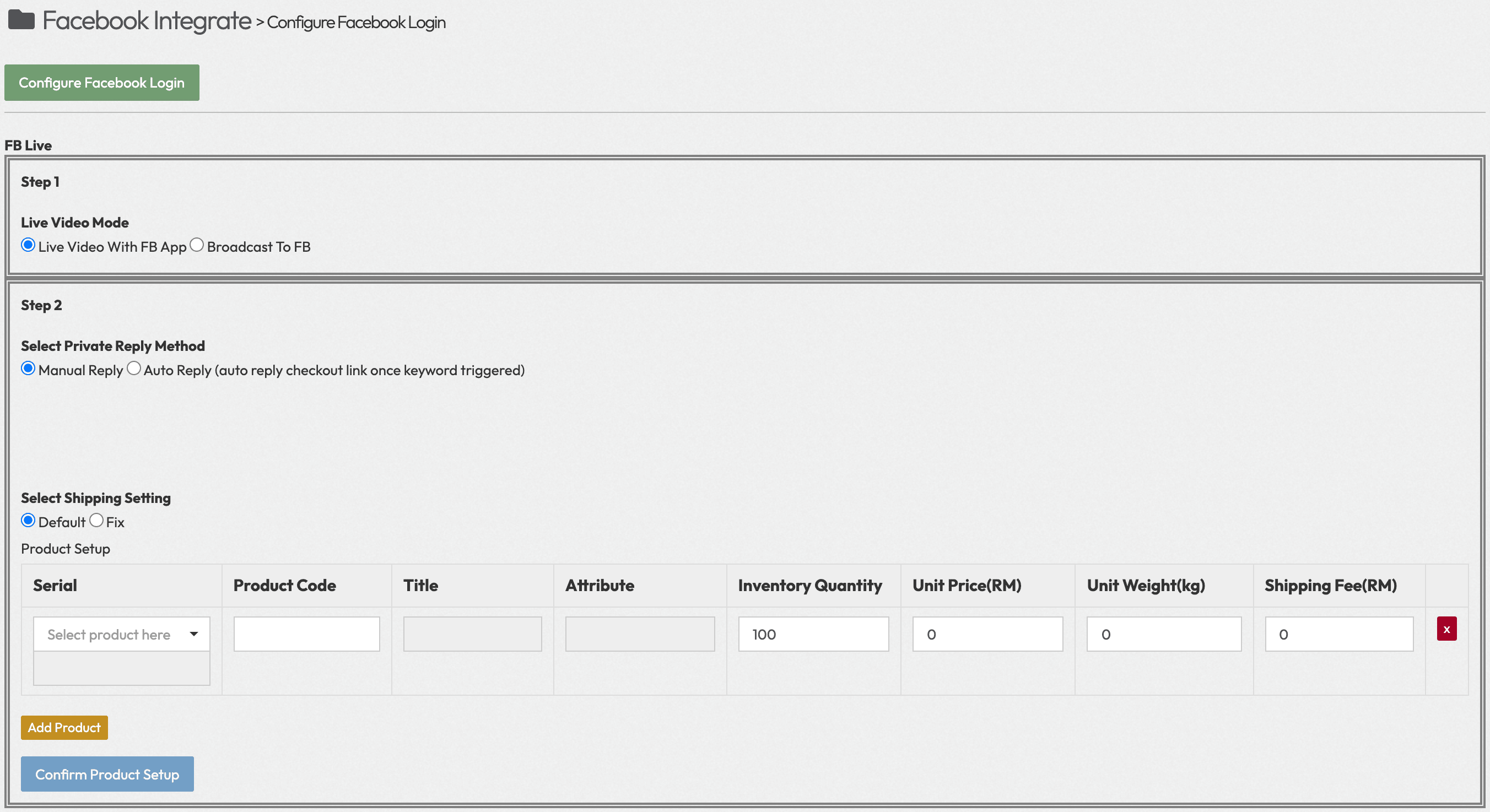 The Configure Facebook Login screen with the FB Live steps