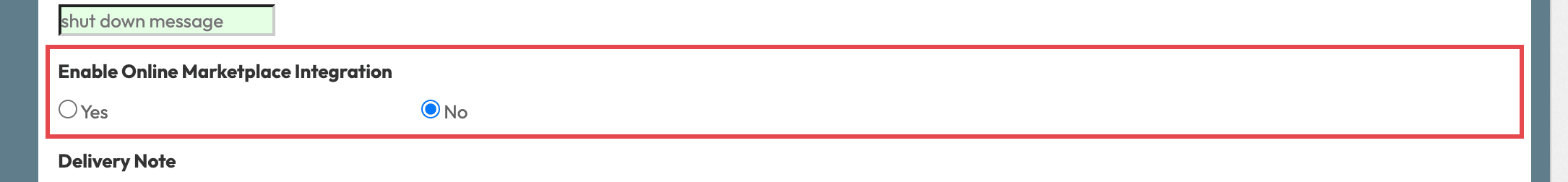 Enable Online Marketplace Integration in Function Setting with Yes and No, outlined