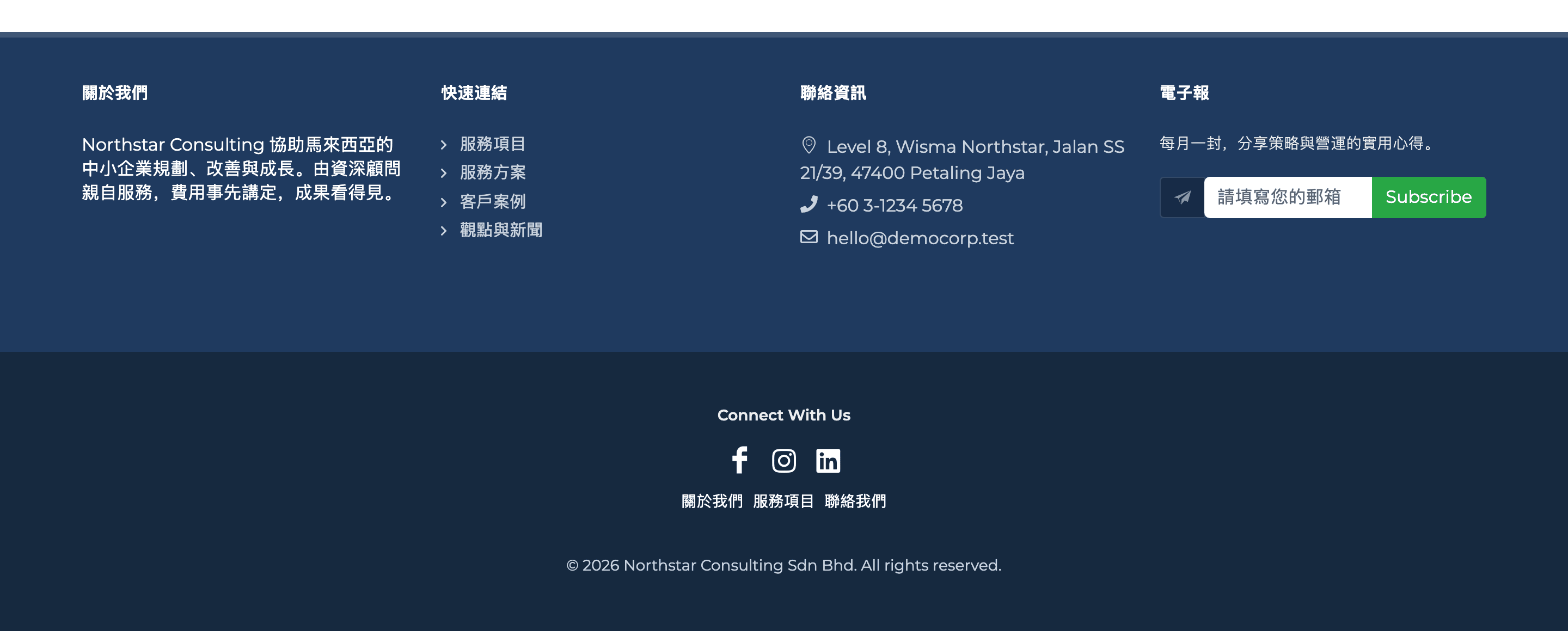 示範網站的網站底部：版權列上方有關於我們、快速連結、聯絡資訊和電子報四個欄位