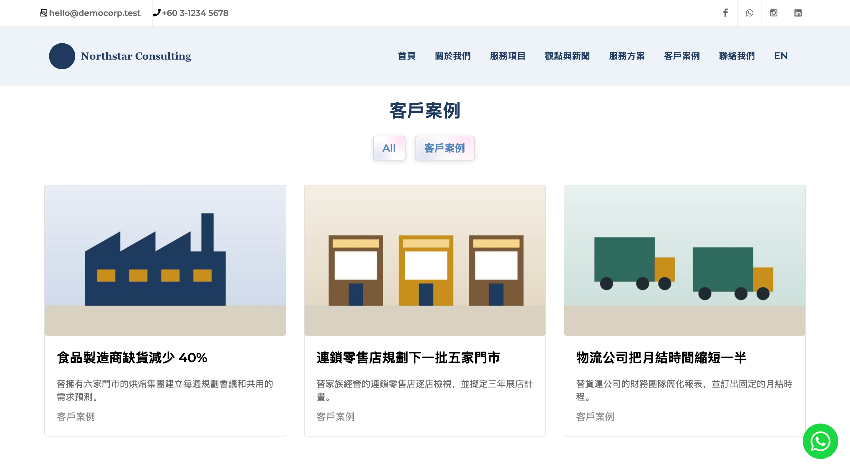 示範網站的客戶案例頁面，有三張案例卡片